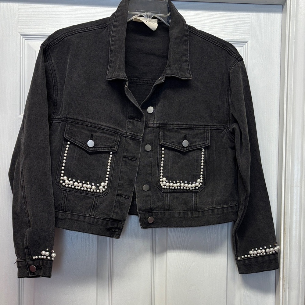 Savanna Jane Black Denim Cropped Jacket with Pearl and Rhinestone Details Medium